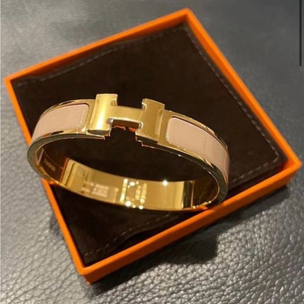 HERMES Marron Glacé Clic H Enamel Gold Plated Hardware Pm Bracelet
